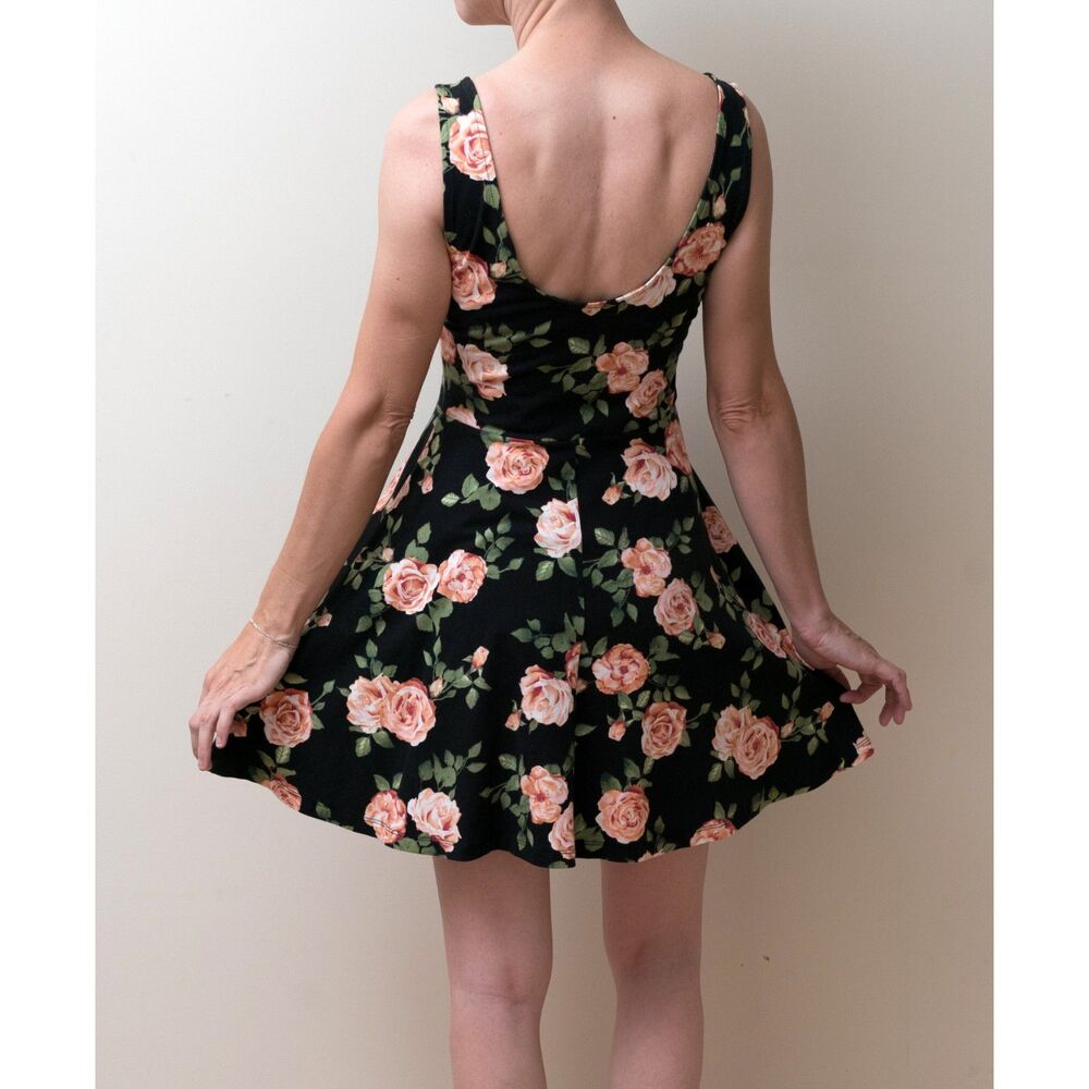 90s Black Floral Dress - S